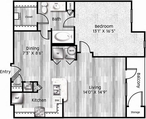 One bedroom one bathroom kitchen with pantry and living area with garage